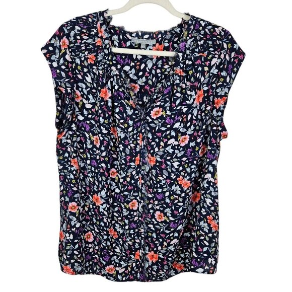 Danielrainn Navy Blue Spring Floral Split Neck Raw Hem Blouse Size 2XL - Picture 1 of 12